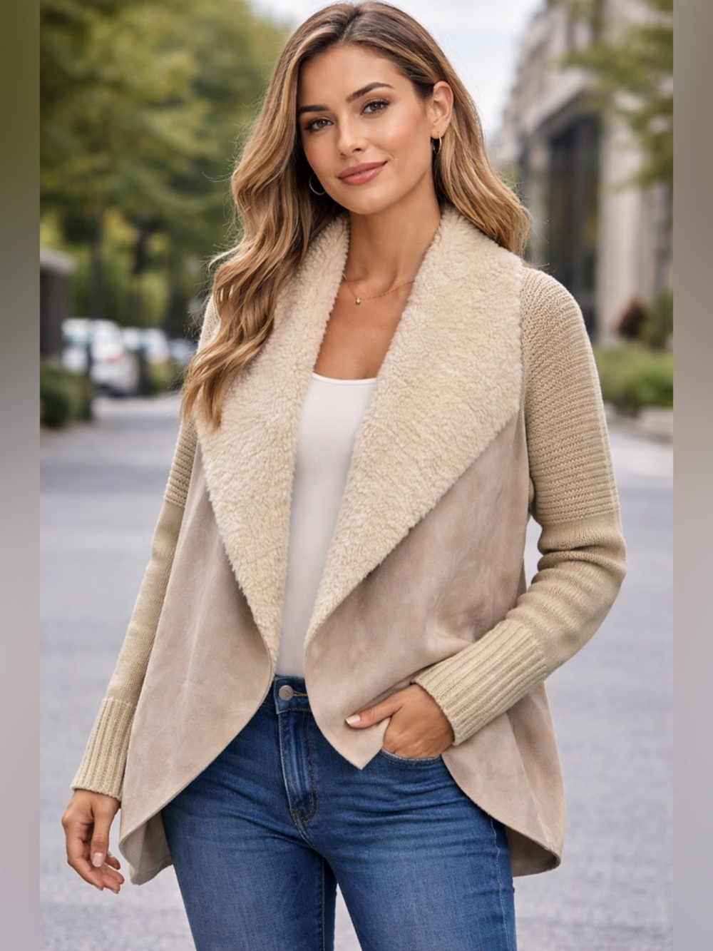 Chelsea & Theodore Women’s Beige Collared Knit Cardigan Jacket Size M